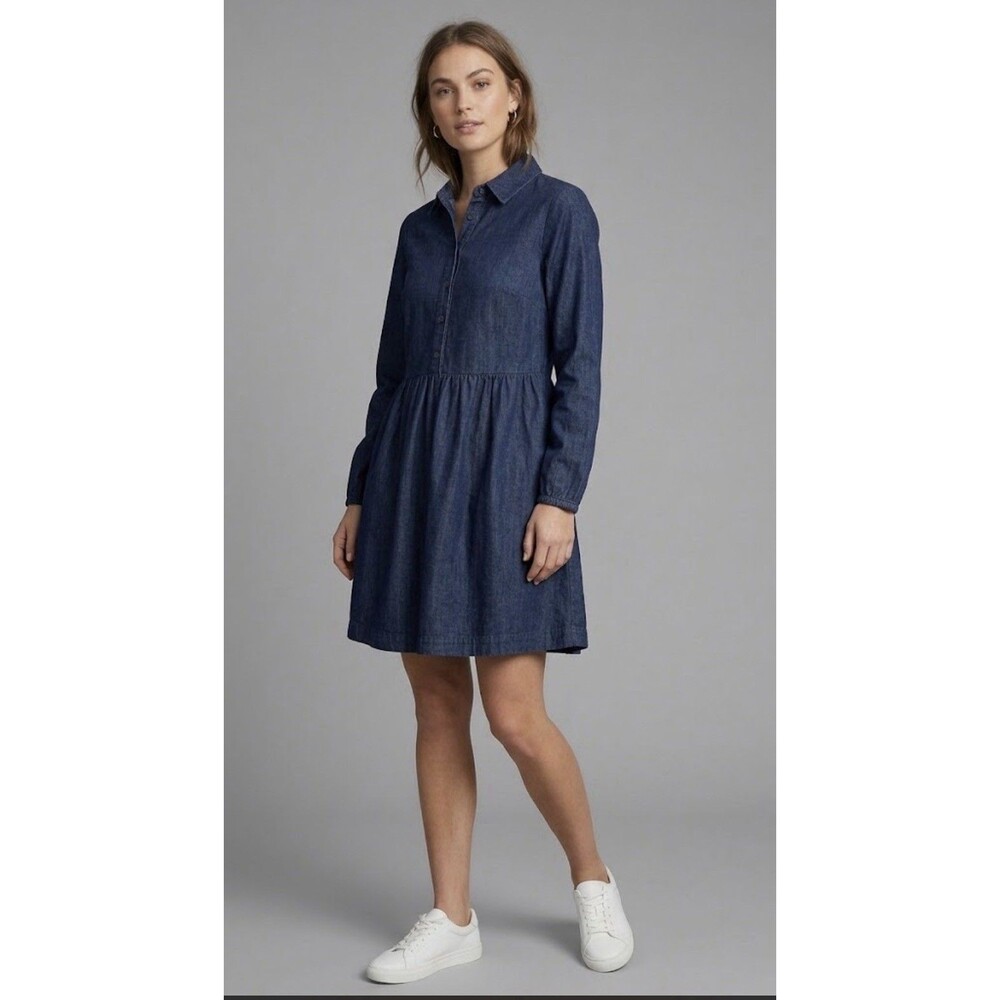 BODEN Sz 12R Chambray Denim Long Sleeve Button Front Knee Length Babydoll Dress